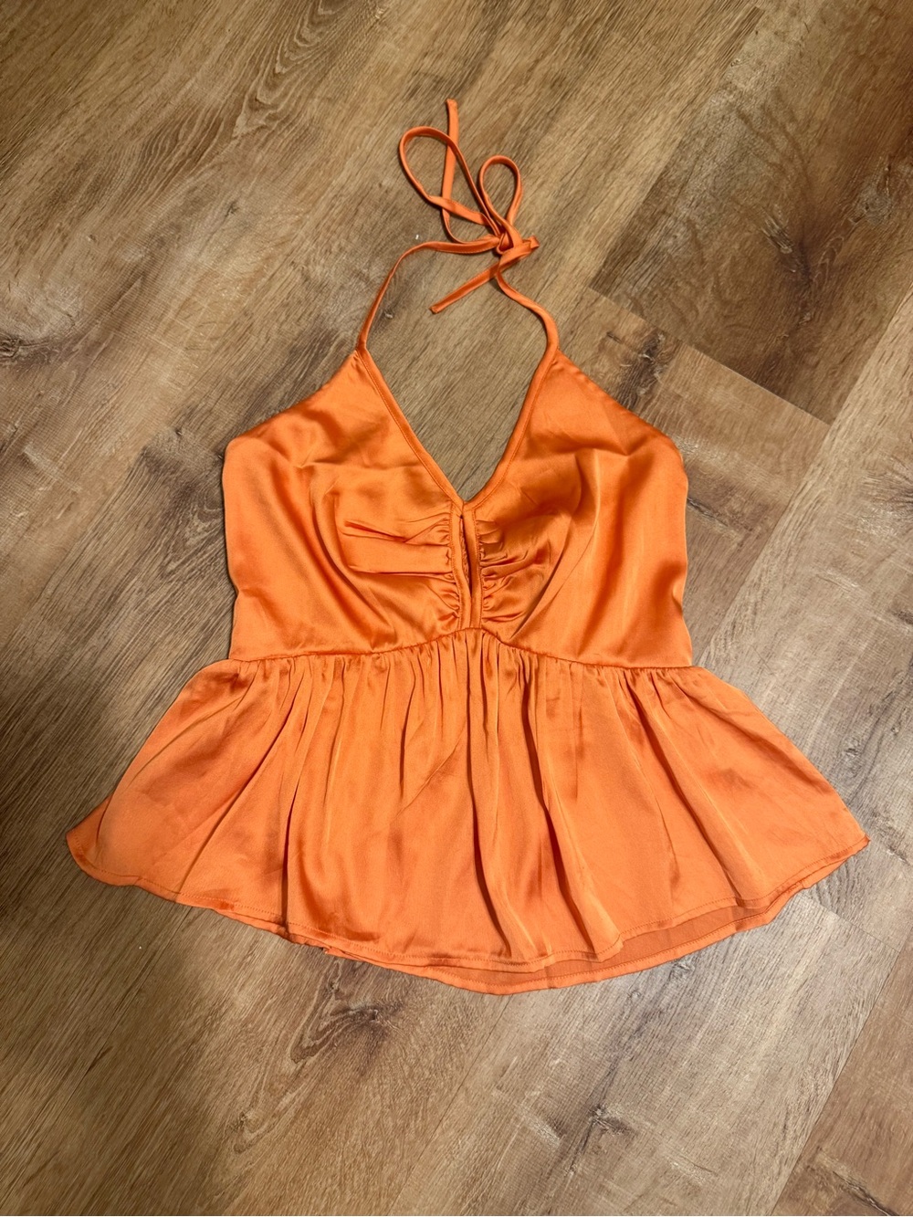 French Connection Bright Orange Satin Halter Peplum Cami